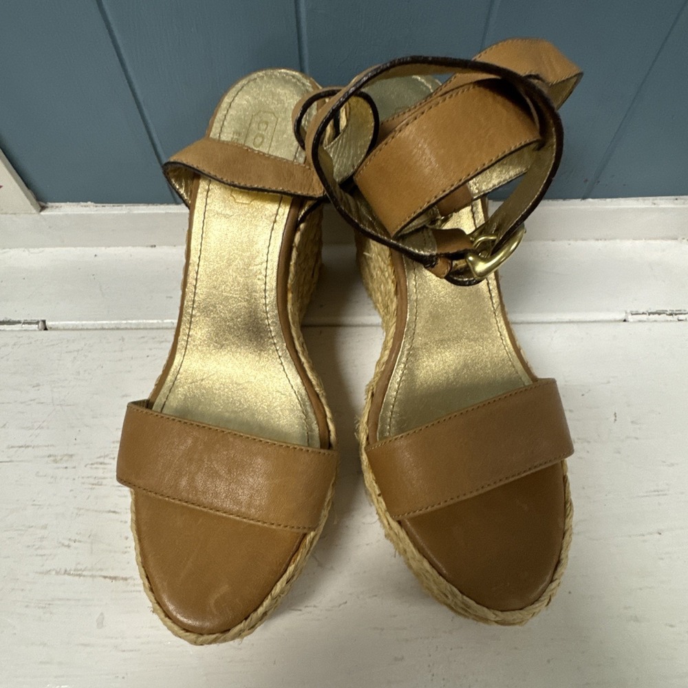 Coach Women's Size 8.5 Tan Leather Espadrille Straw Wedge Platform - Picture 4 of 11